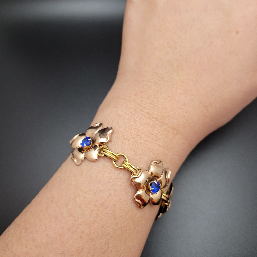 Mid Century Vintage Floral Gold Filled Bracelet with Blue Vibrant Rhinestones 7"
